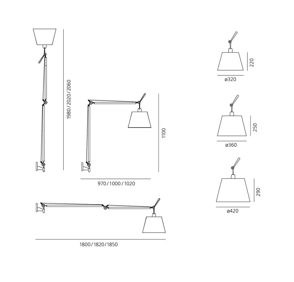 artemide tolomeo mega parete wandleuchte schwarz technische zeichung