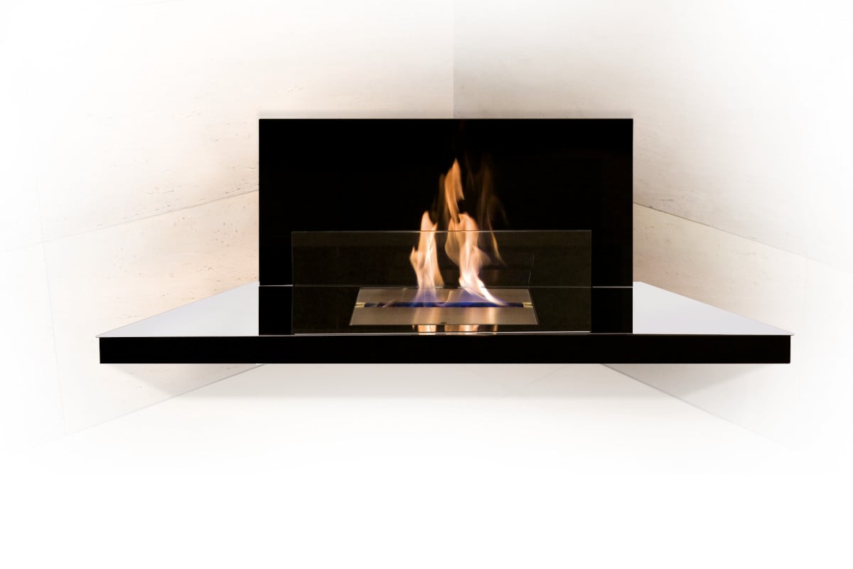 Radius Design Corner Flame Ethanol Kamin - edelstahl poliert, Glas schwarz - Retoure