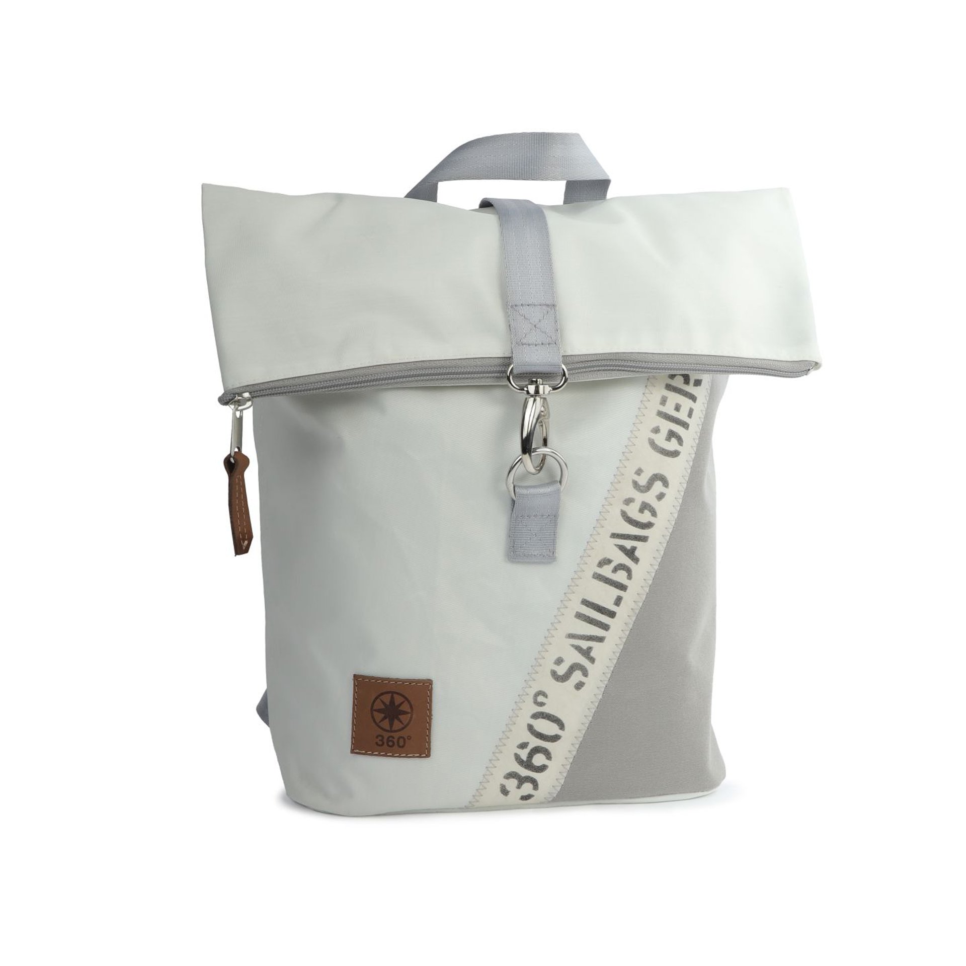 360° Taschen Möwe Rucksack (weiß / Balken Persenning taupe, Gurt beige)
