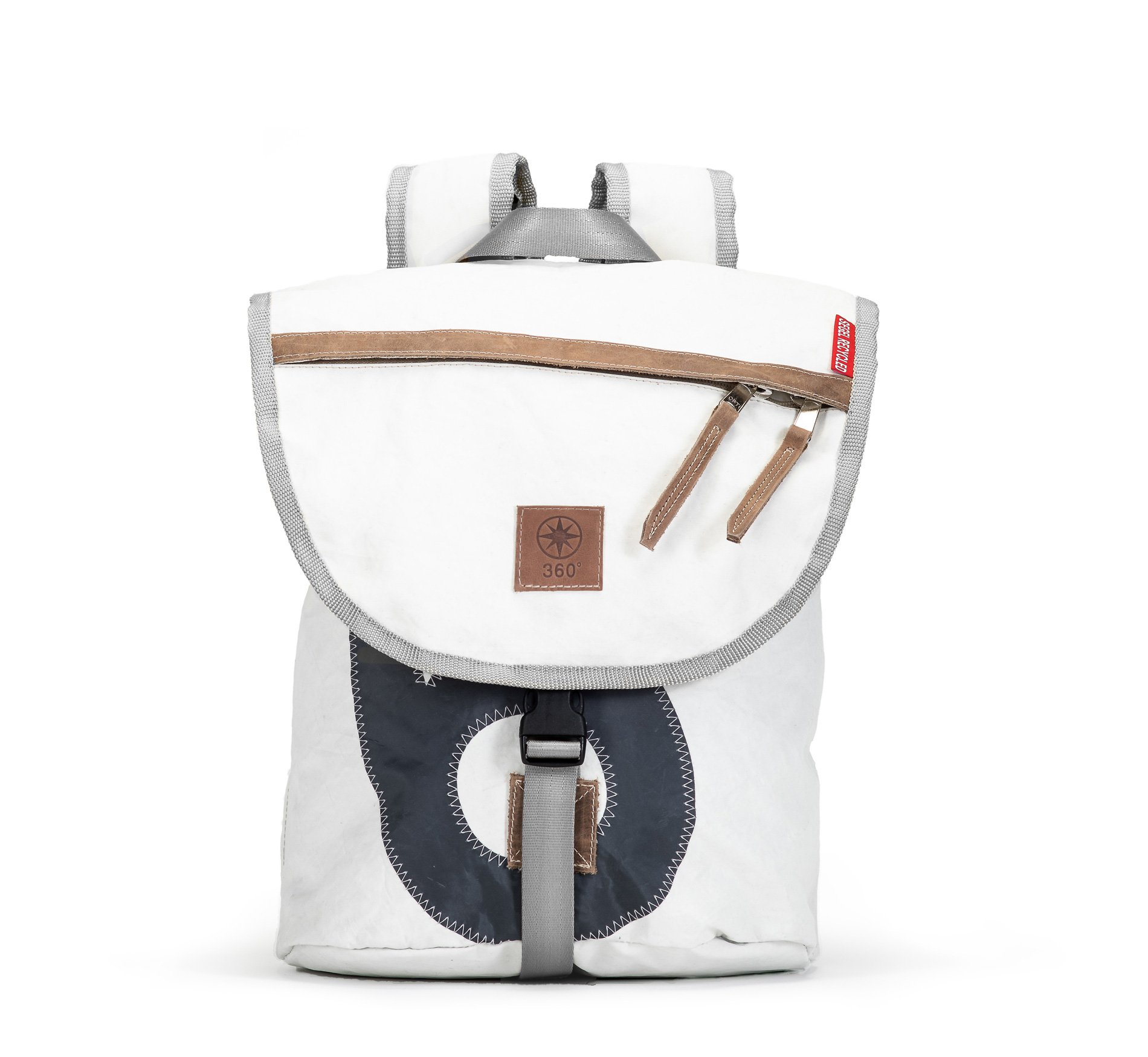 360° Taschen Landgang Mini Rucksack (weiß / Balken Persenning taupe, Gurt beige)