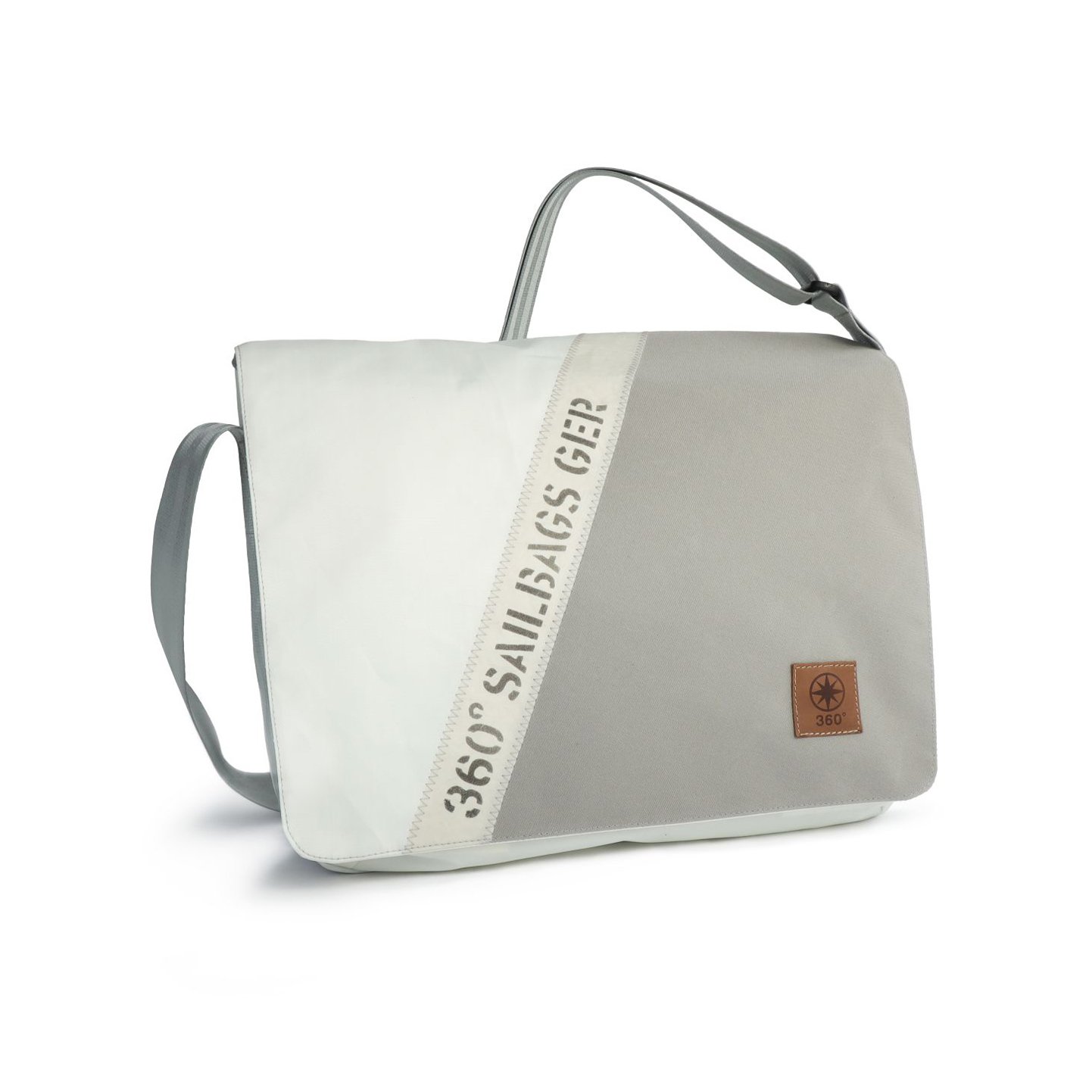 360° Taschen Barkasse Laptoptasche (weiß / Persenning grau, Stencil Aufschrift, Gurt grau)