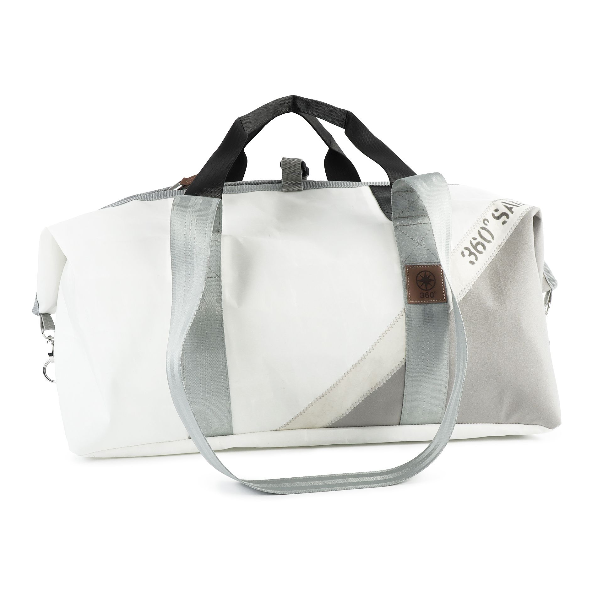 360° Taschen Kutter XL Reisetasche (weiß / blau, Zahl hellgrau, Gurt blau / grau, Boden in Plane grau)