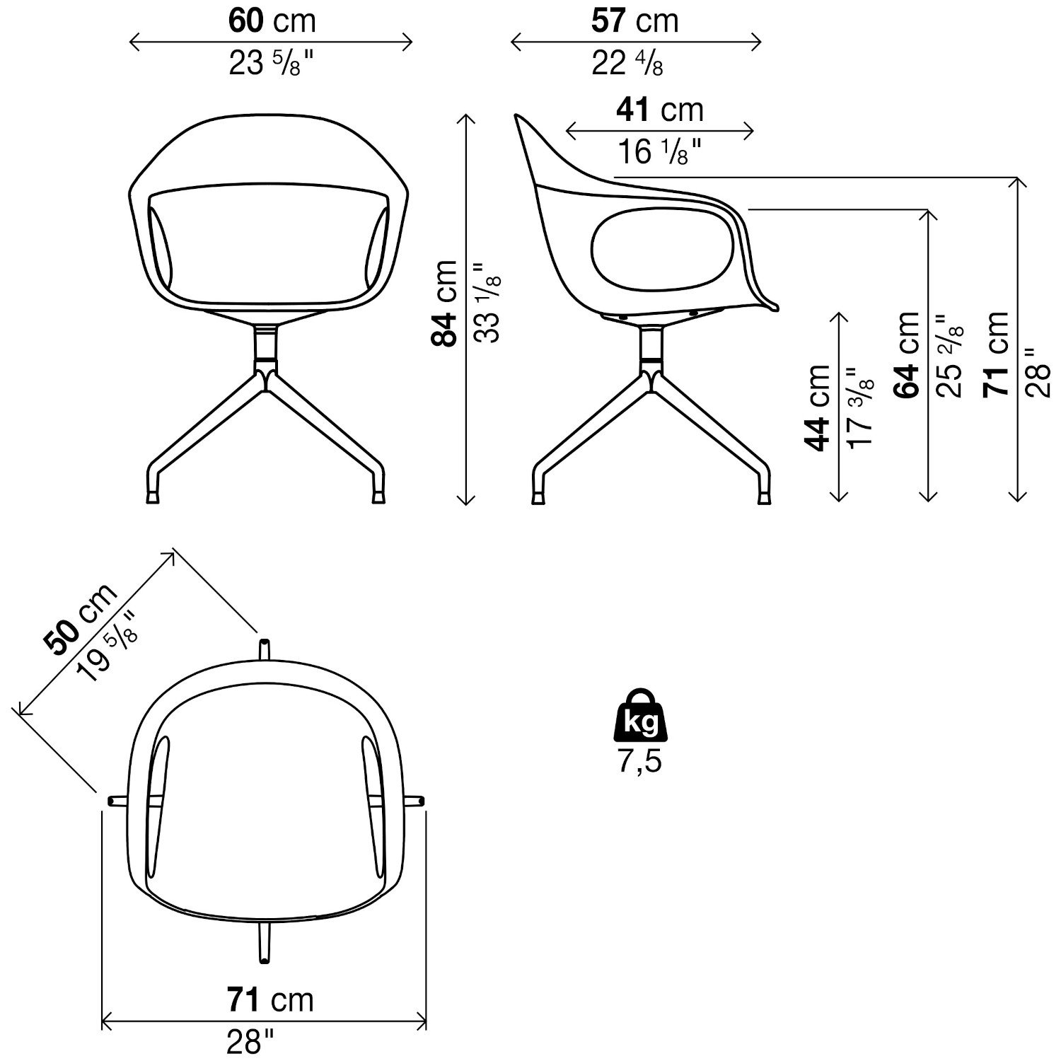 Kristalia Elephantino Armlehnstuhl drehbar mit Kreuzfuß (Sitz London grau / Gestell Aluminium London grau lackiert)