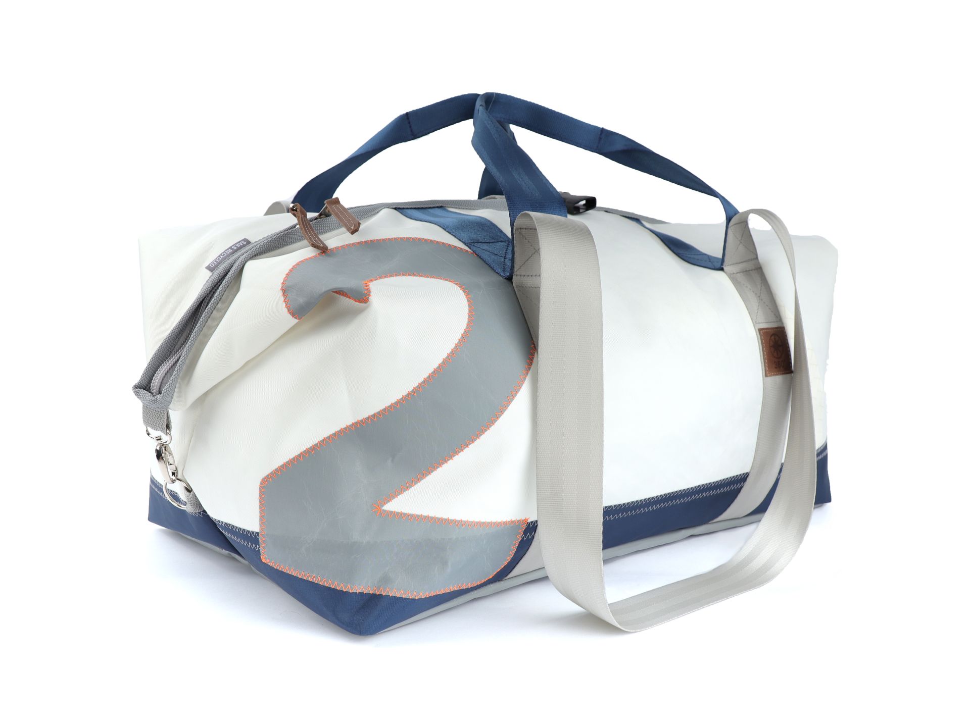 360° Taschen Kutter XL Reisetasche (weiß / blau, Zahl hellgrau, Gurt blau / grau, Boden in Plane grau)