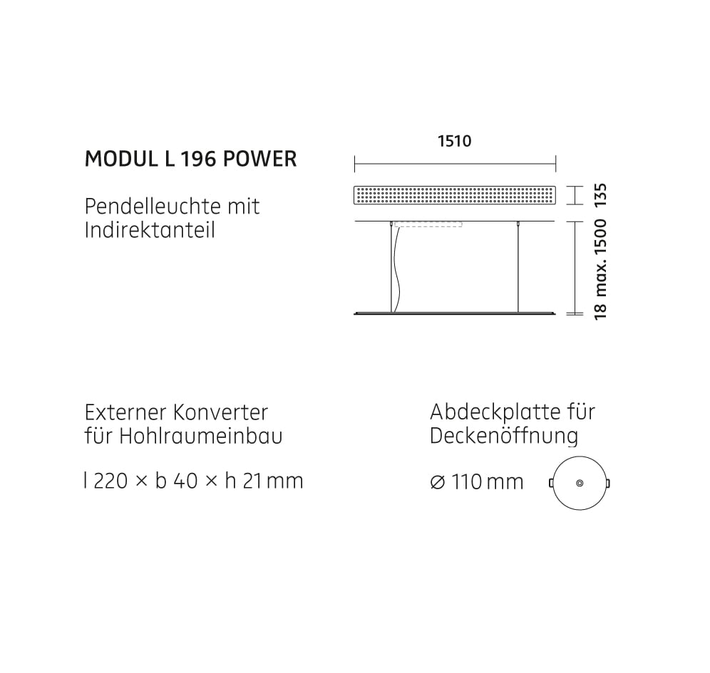 Nimbus Modul L 196 Power Pendelleuchte, Hohlraumeinbau - technische Zeichnung