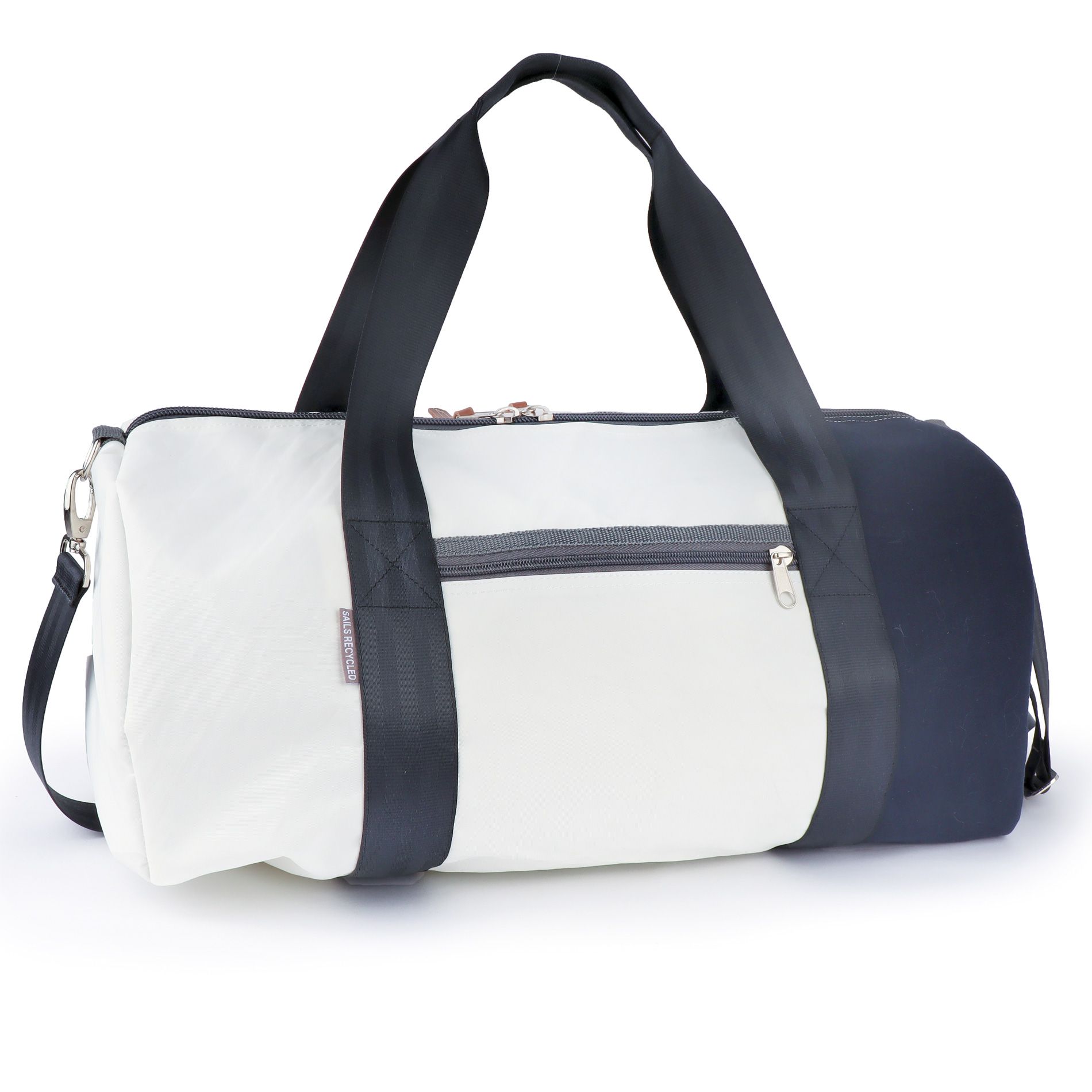 360° Taschen Pirat Sporttasche (weiß / Persenning taupe, Zahl hellgrau, Gurt beige)