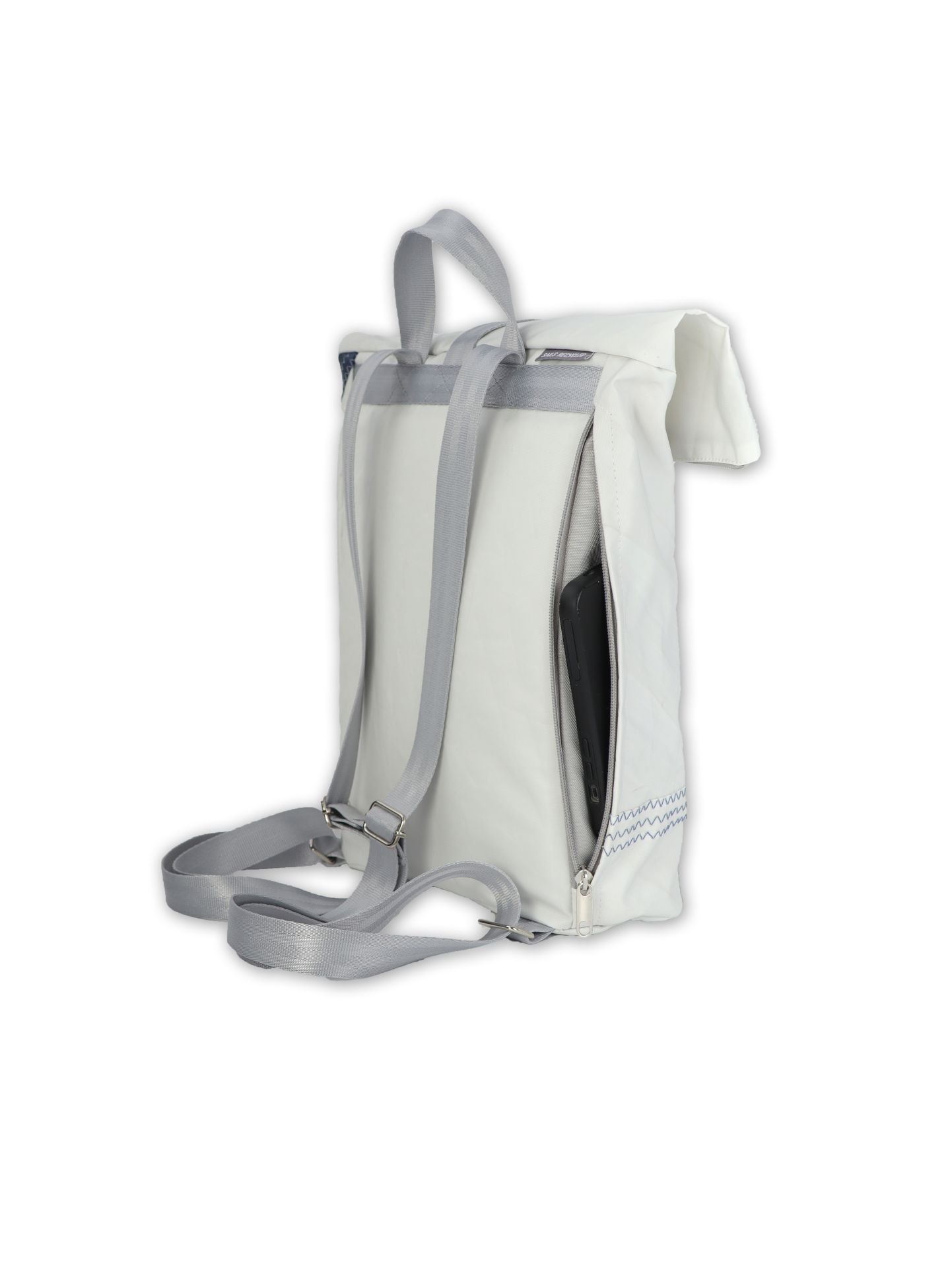 360° Taschen Möwe Rucksack (weiß / Balken Persenning taupe, Gurt beige)