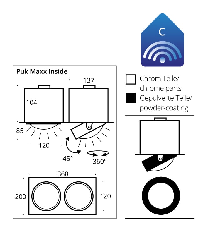 Top Light Puk Maxx Inside Deckeneinbauleuchte zweiflammig, technische Zeichnung