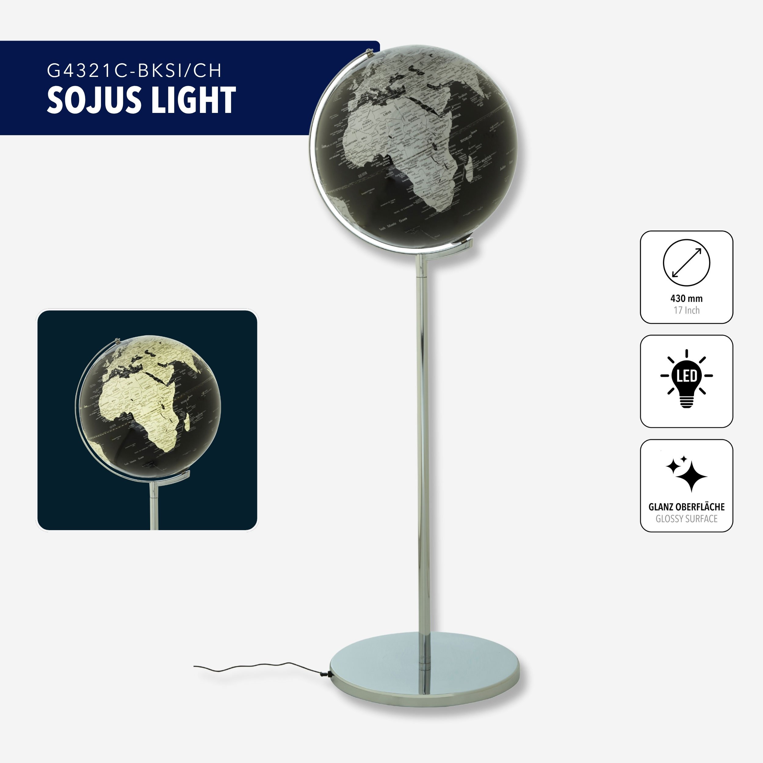 Troika Sojus Standglobus mit Licht (blau, grün, glänzend)