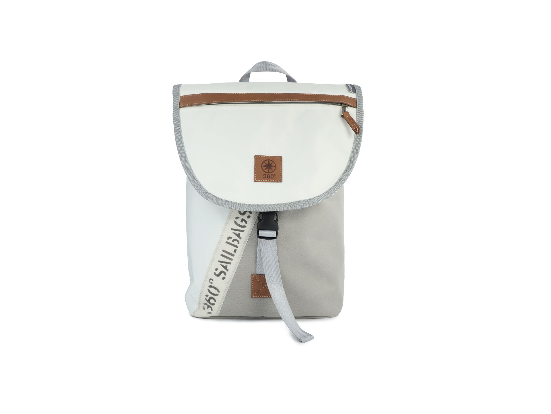 360° Taschen Landgang Mini Rucksack (weiß / Balken Persenning taupe, Gurt beige)