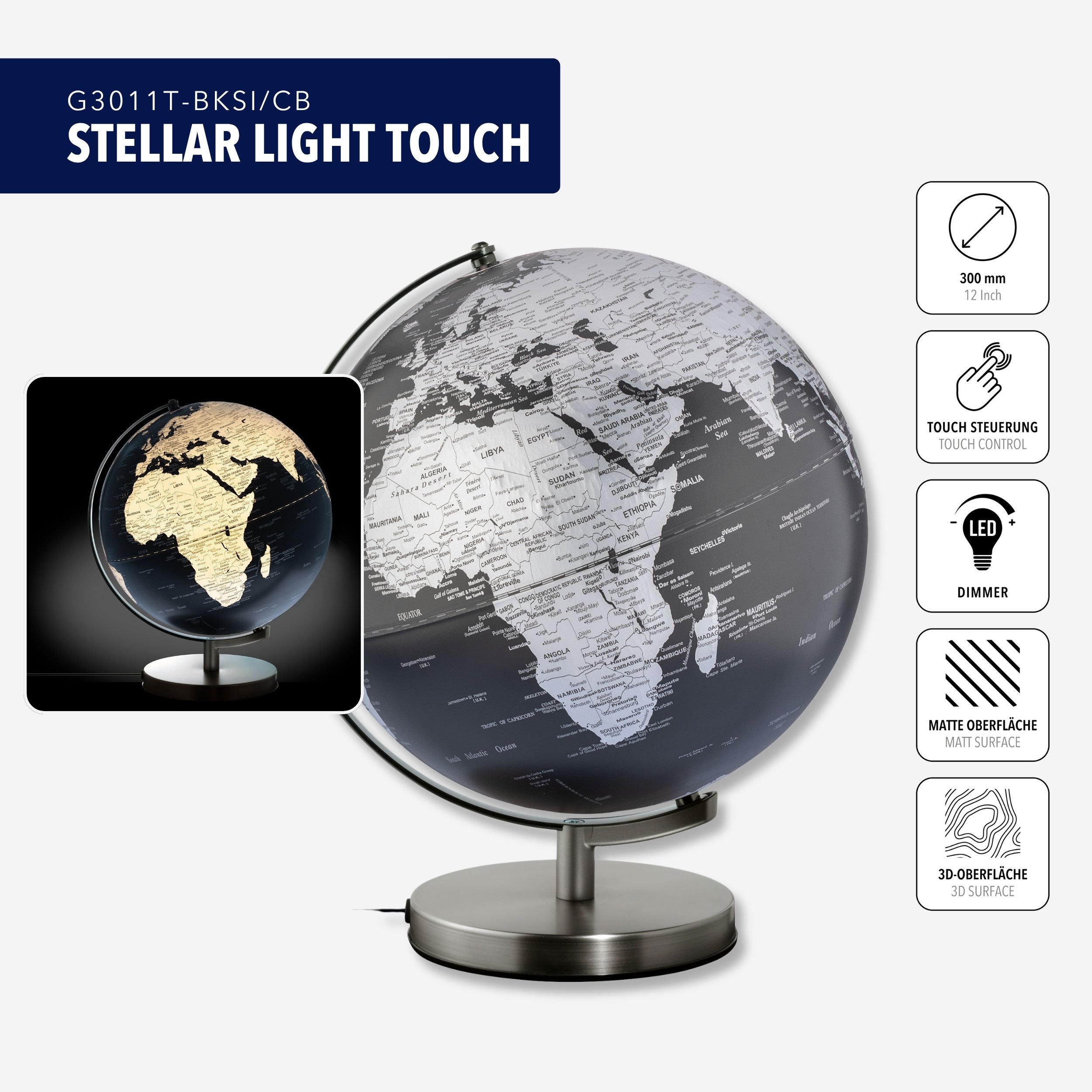 Troika Stellar Light Tischglobus mit Licht (schwarz, silberfarben)