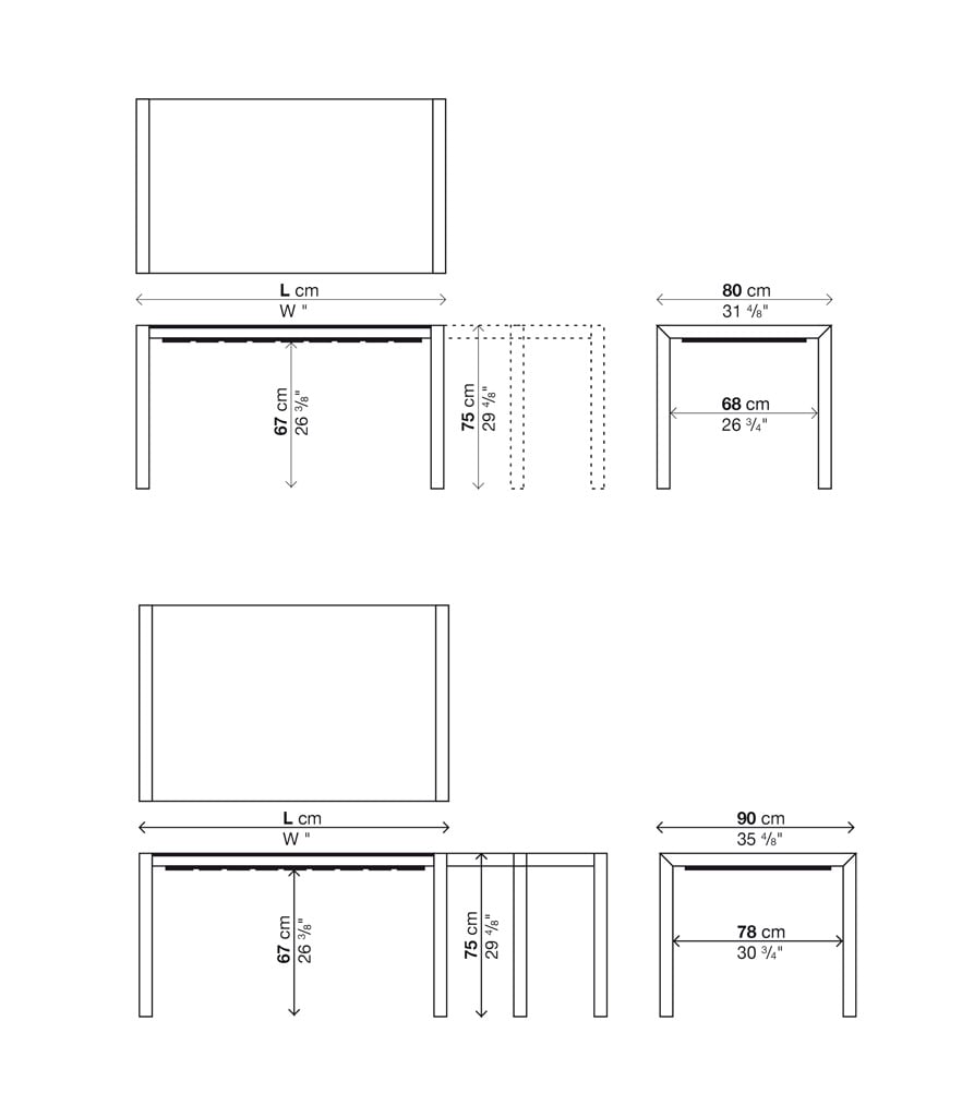 Kristalia Sushi Alucompact® Tisch ausziehbar techische Zeichnung