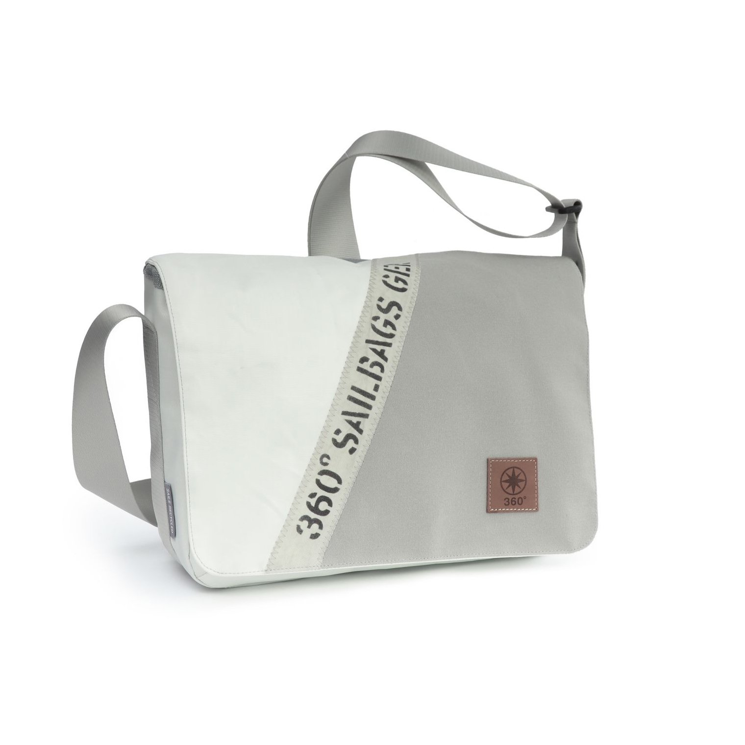 360° Taschen Barkasse Mini Laptoptasche (weiß / Persenning grau, Stencil Aufschrift, Gurt grau)