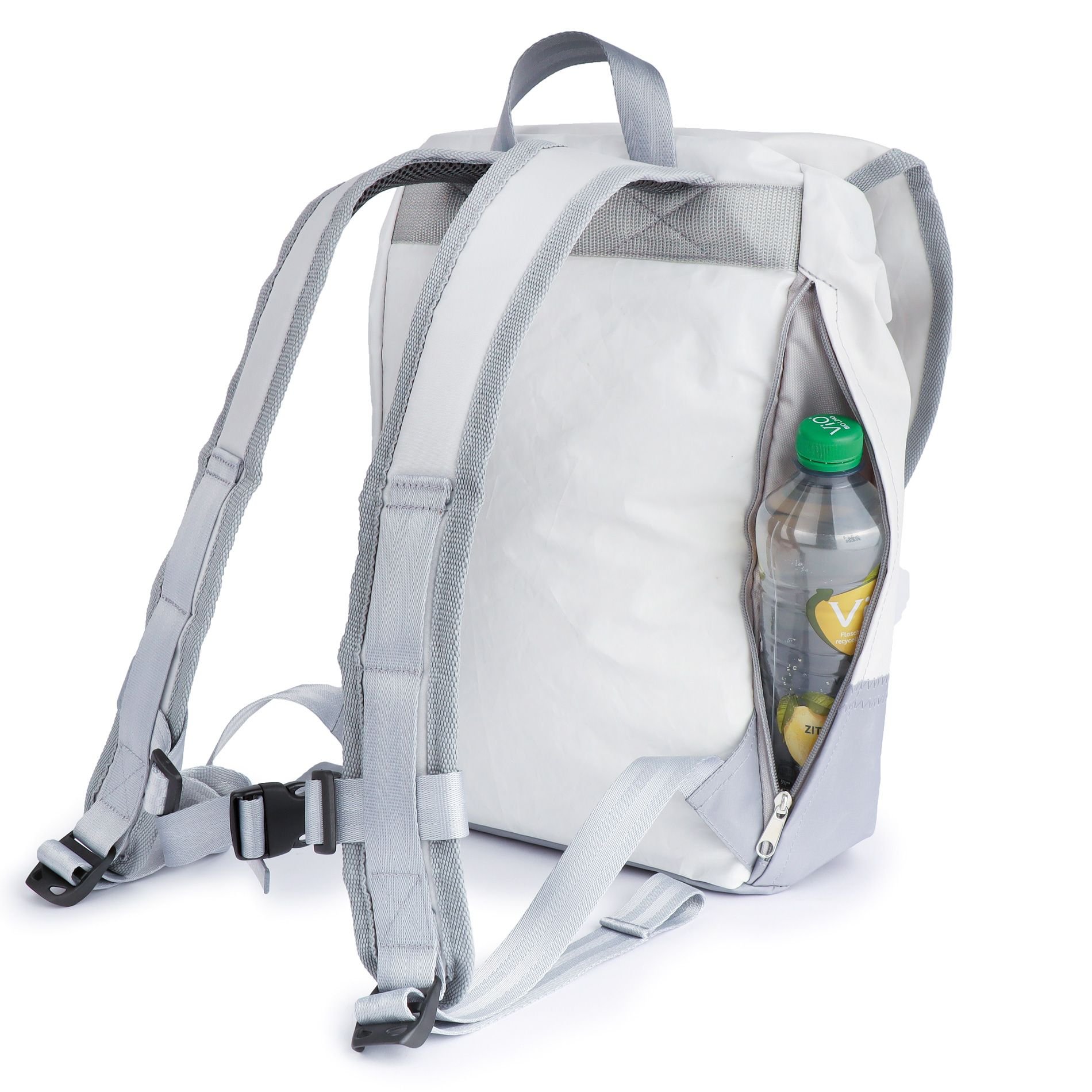 360° Taschen Landgang Mini Rucksack (weiß / Balken Persenning taupe, Gurt beige)