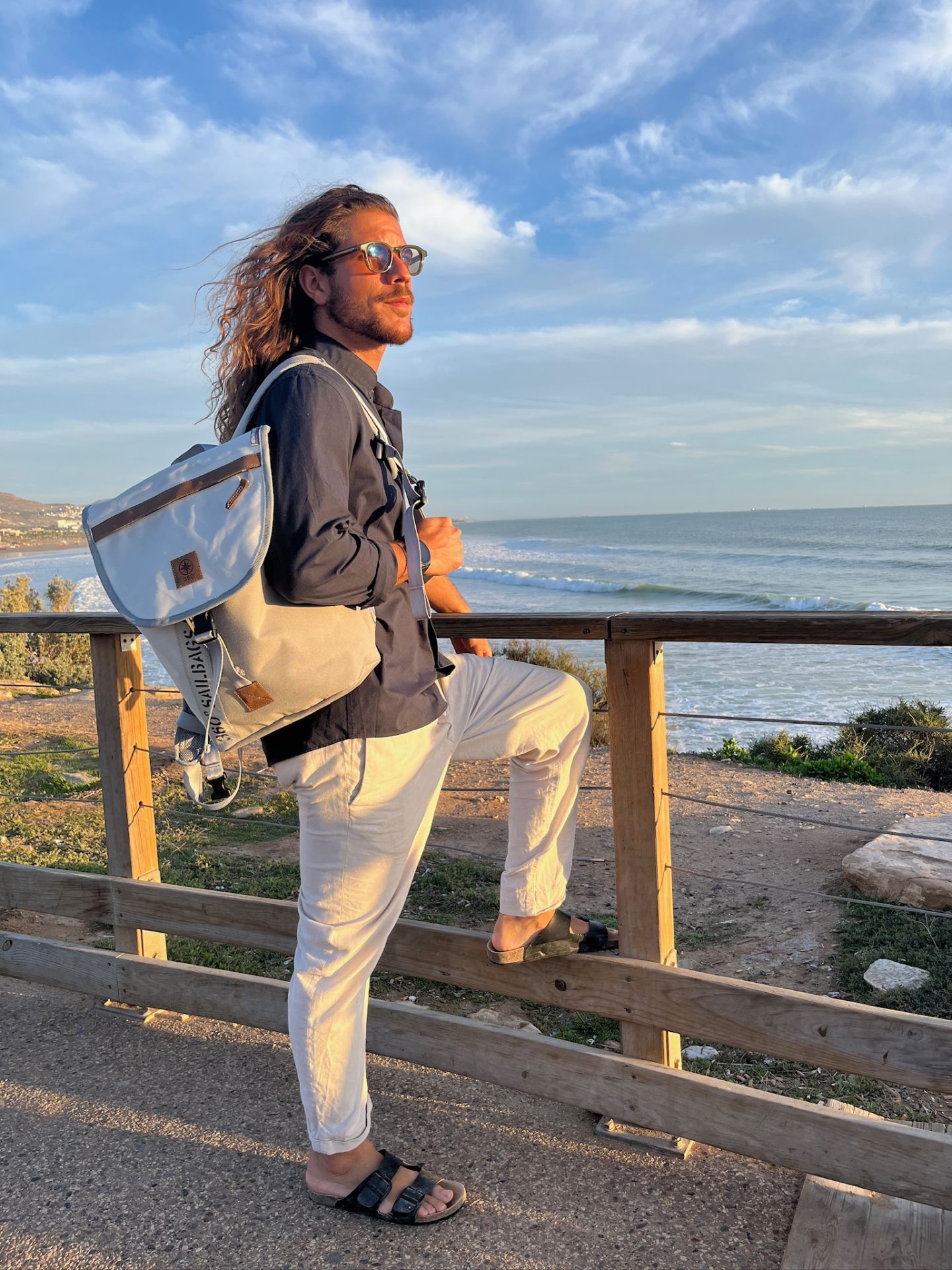 360° Taschen Landgang Mini Rucksack (weiß / Balken Persenning taupe, Gurt beige)