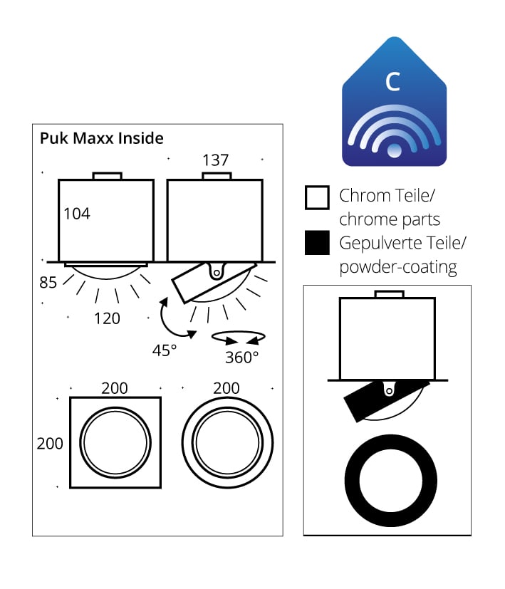 Top Light Puk Maxx Inside Deckeneinbauleuchte einflammig, technische Zeichnung
