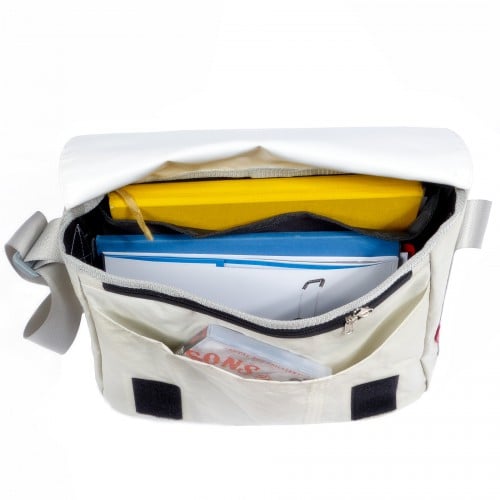 360° Taschen Barkasse Laptoptasche (weiß / Persenning grau, Stencil Aufschrift, Gurt grau)