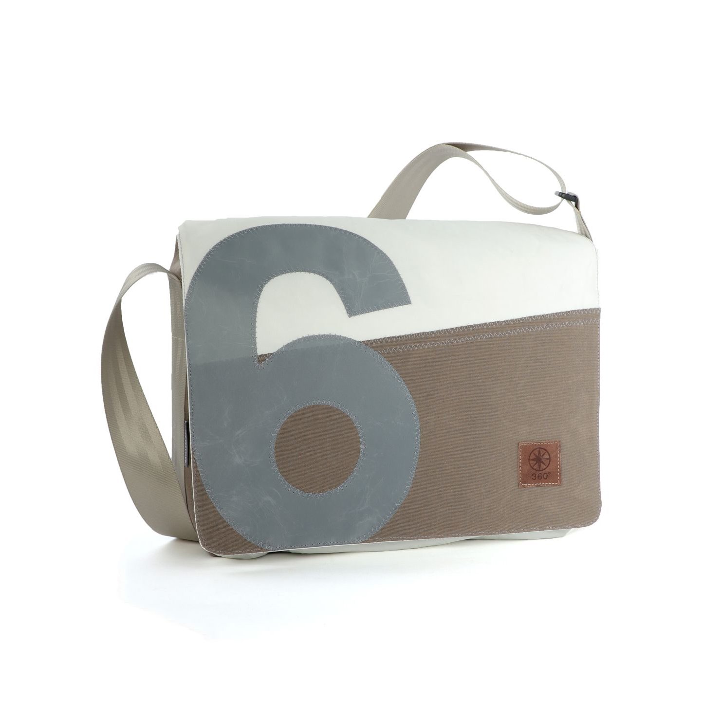 360° Taschen Barkasse Laptoptasche (weiß / Persenning grau, Stencil Aufschrift, Gurt grau)