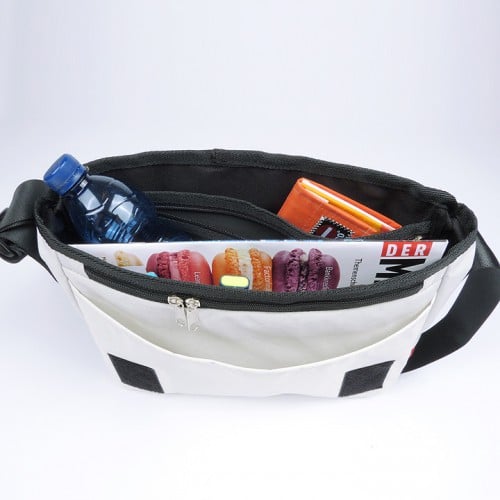 360° Taschen Barkasse Mini Laptoptasche (weiß / Persenning grau, Stencil Aufschrift, Gurt grau)