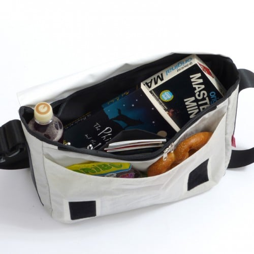 360° Taschen Barkasse Laptoptasche (weiß / Persenning grau, Stencil Aufschrift, Gurt grau)