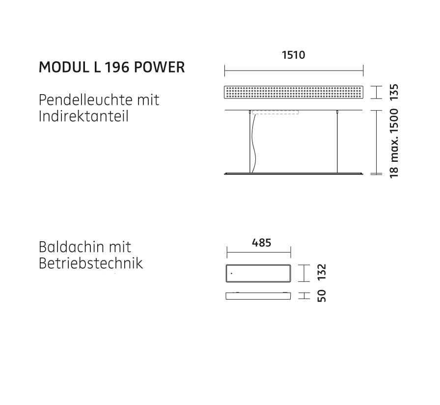 Nimbus Modul L 196 Power Pendelleuchte, Aufbaugehäuse - technische Zeichnung