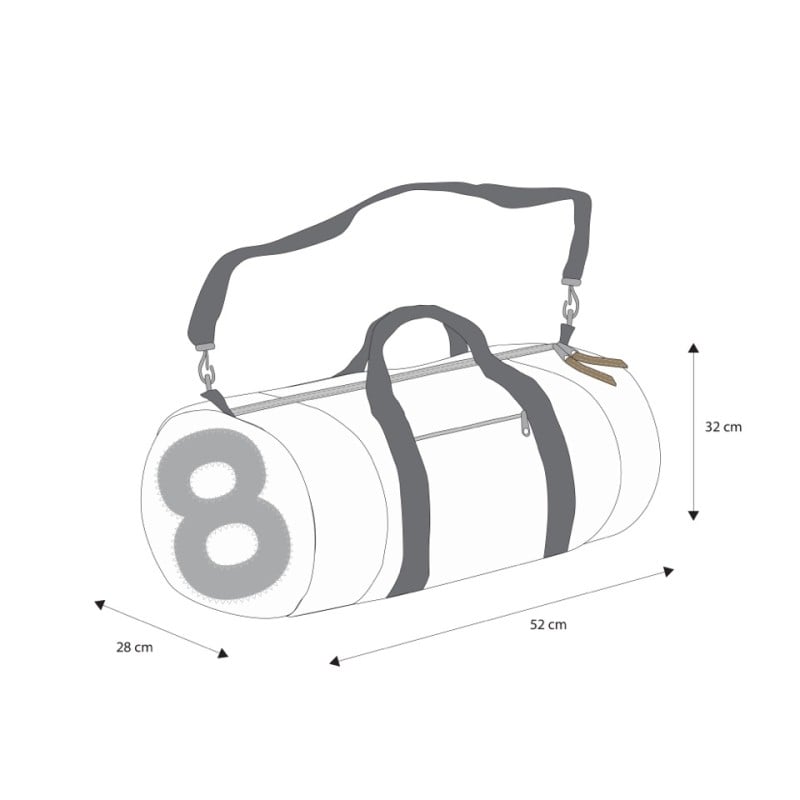 360° Taschen Pirat Sporttasche (weiß / Persenning taupe, Zahl hellgrau, Gurt beige)