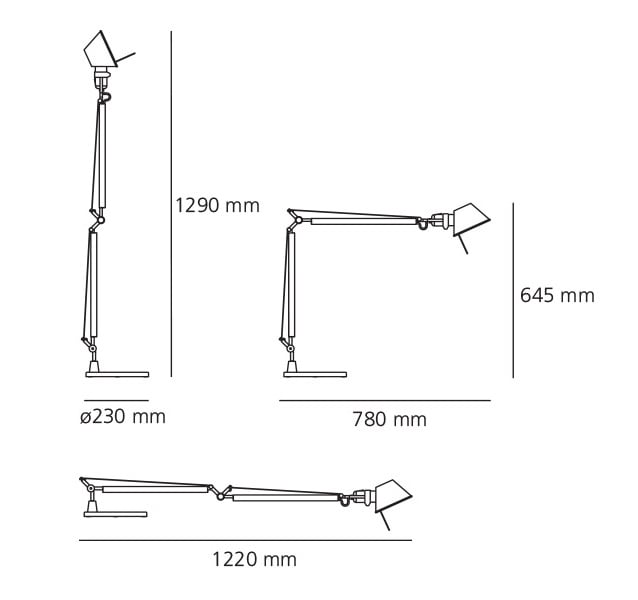 artemide tolomeo led tischleuchte technische zeichnung