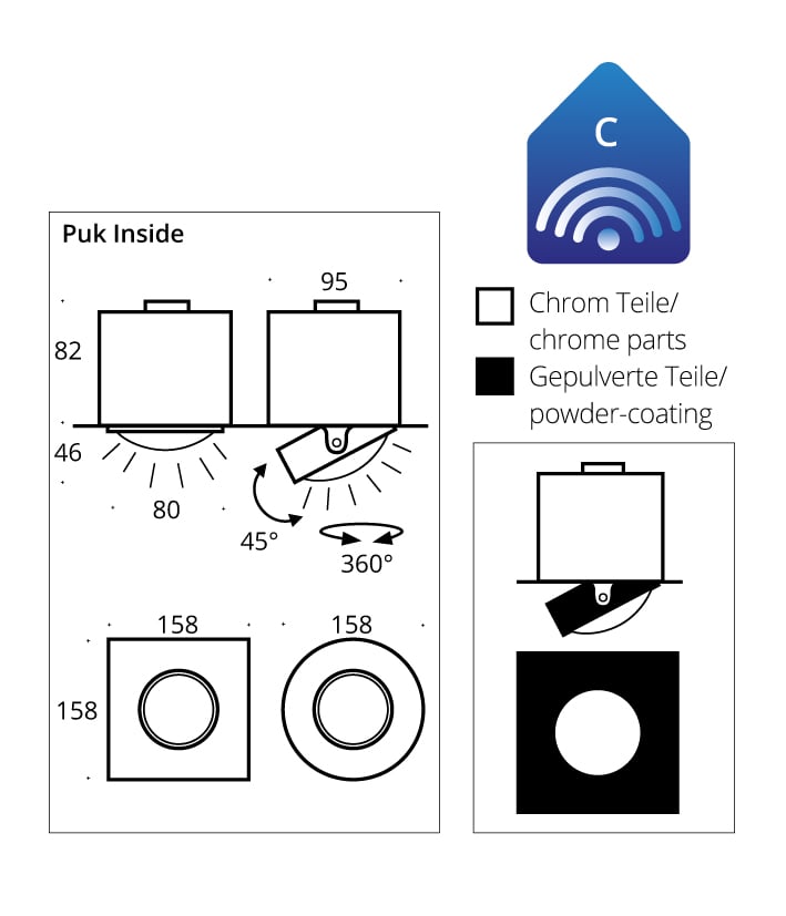 Top Light Puk Inside Deckeneinbauleuchte einflammig, technische Zeichnung