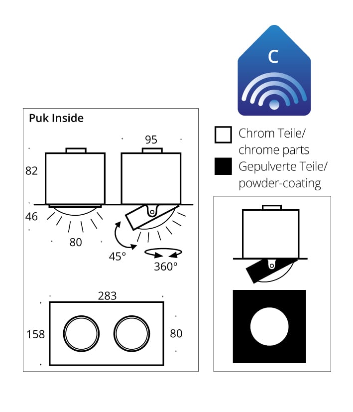 Top Light Puk Inside Deckeneinbauleuchte zweiflammig, technische Zeichnung