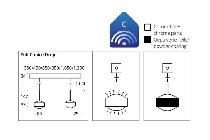 Top Light Puk Choice Drop Pendelleuchte 3 Köpfe, technische Zeichnung