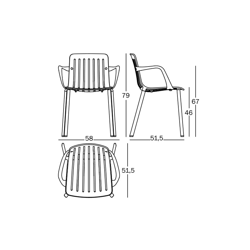 Magis-Plato-Stuhl-mit-Armlehne-technische-Zeichnung
