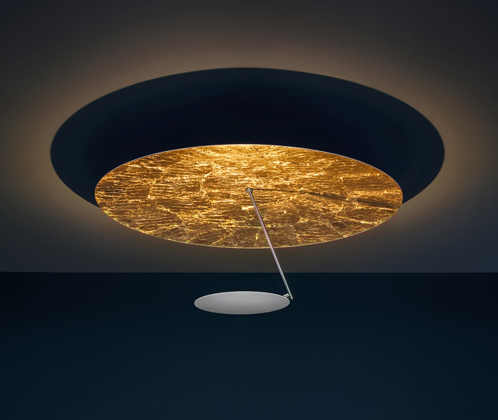 Catellani & Smith Lederam C180 Deckenleuchte Schirm schwarz / gold, Stab schwarz, Scheibe gold LC1803