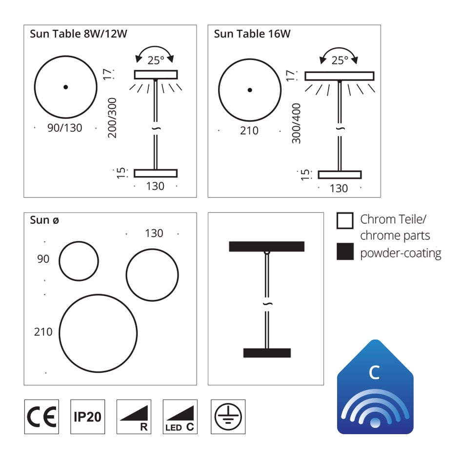 Top Light Sun Table Tischleuchte Ø 13cm | anthrazit matt-chrom | 20cm 7-32913012-23