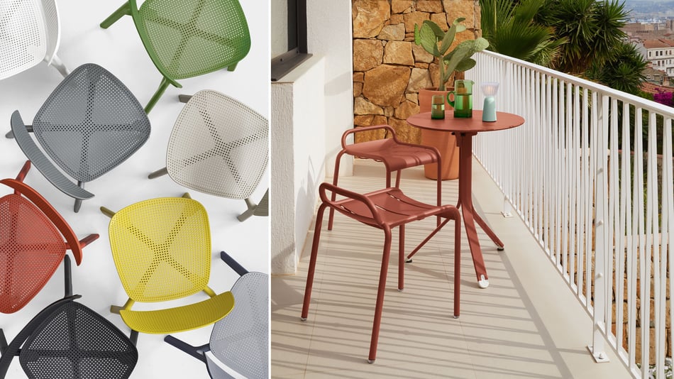 Kristalia Colander Stuhl und Fermob Luxembourg Hocker