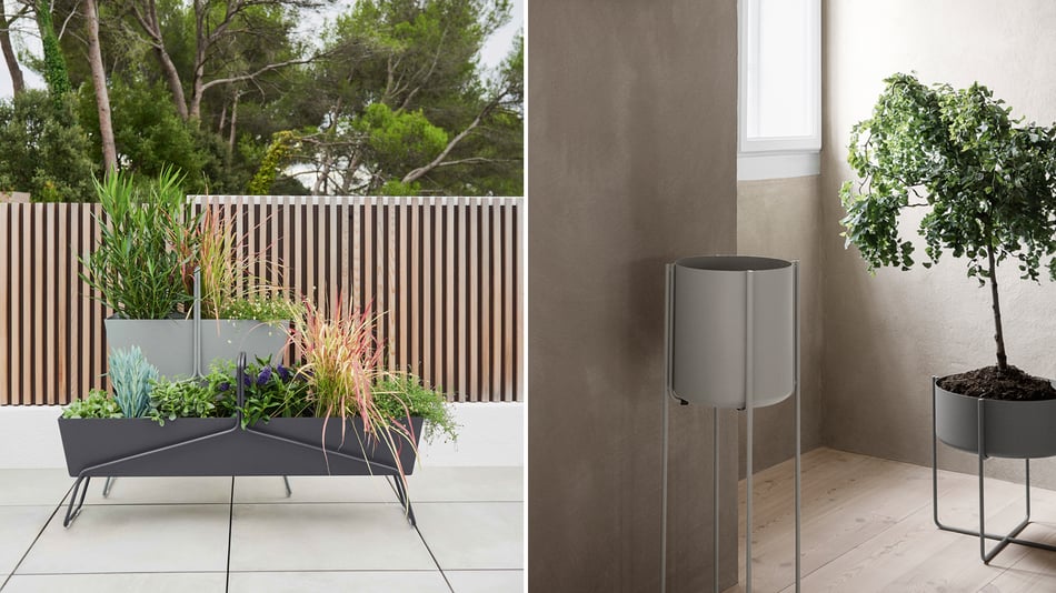 Fermob Basket Blumenkasten und blomus Kena Pflanzgefaesse