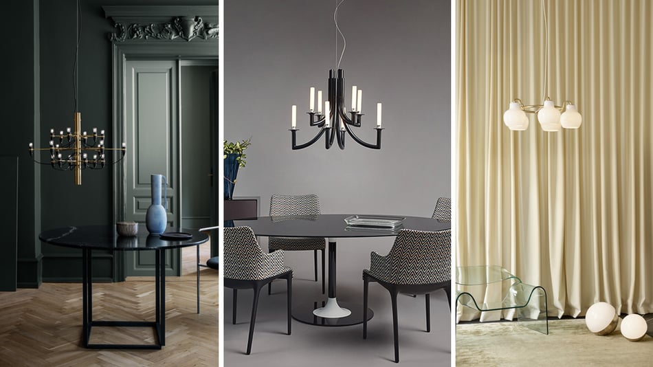 Flos 2097/30 Kronleuchter, Kartell Khan Kronleuchter und Louis Poulsen VL Ring Crown 7 Pendelleuchte