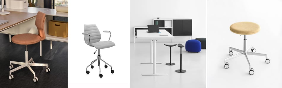 Lapalma Lab S70 Bürostuhl, Kartell Maui Soft Bürostuhl, Lapalma Lab S72 Hocker und Lapalma Ryo Hocker