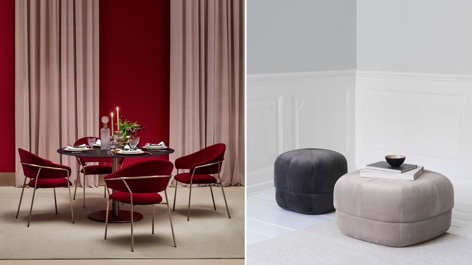 Pedrali Jazz 3716 Armlehnstuhl und Normann Copenhagen Circus Velour Hocker Pedrali Jazz 3716 Armlehnstuhl und Normann Copenhagen Circus Velour Hocker