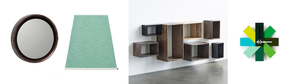 Mater Sophie Spiegel, pappelina Mono Outdoor Teppich Jade, Mater Box System Regal, Normann Copenhagen Watch Me Wanduhr