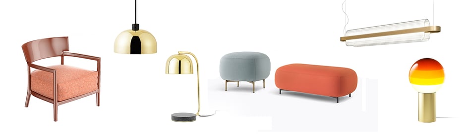 Kartell Cara Sessel, Normann Copenhagen Grant-Kollektion, Pedrali Buddy Hocker, Kundalini Nami Pendelleuchte und Marset Dipping Light Tischleuchte