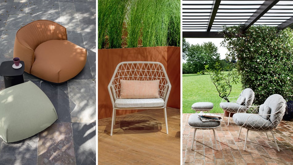 Kristalia Brioni Loungesessel, Pedrali Panarea Loungesessel und Magis Pina Outdoor Loungesessel