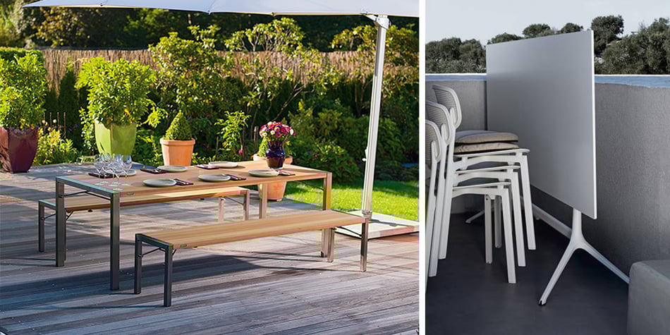 Weishäupl Flip Tisch und Kristalia Elephant Outdoor Tisch rechteckig klappbar