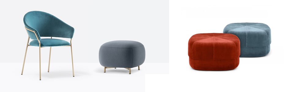 Pedrali Jazz 3716 Armlehnstuhl, Pedrali Buddy 210 Hocker und Normann Copenhagen Circus Velour Hocker