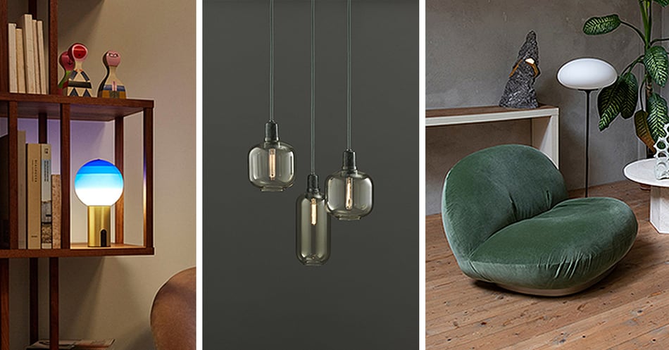 Marset Dipping Light Portable Tischleuchte,Normann Copenhagen Amp Pendelleuchte und Gubi Pacha Lounge Chair Sessel