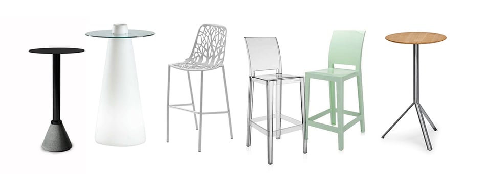 Magis Table One Outdoor Bistrotisch, Slide Peak Stehtisch, Fast Forest Barhocker, Kartell One More Barhocker und Weishäupl Trio Stehtisch