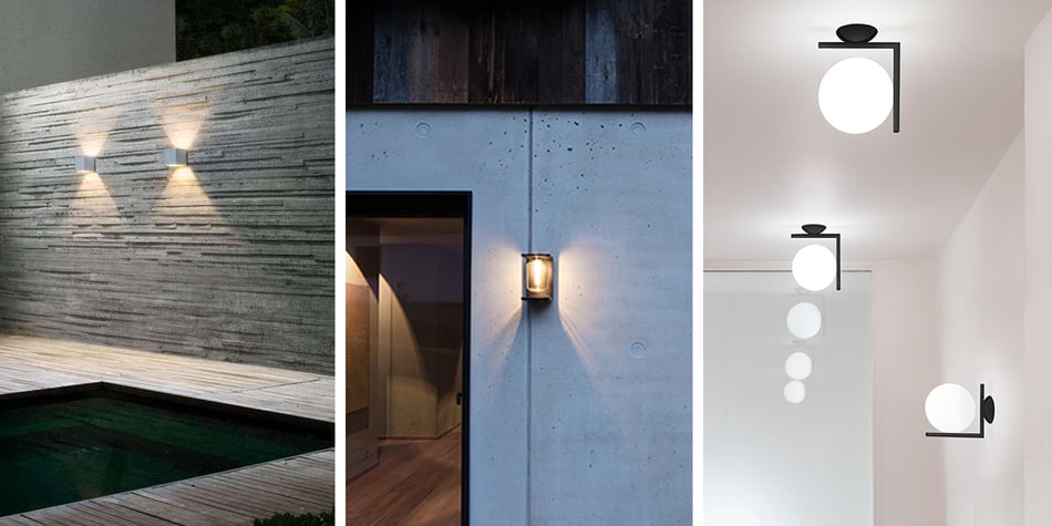 Lumini Kube Outdoor Wandleuchte, IP44.de Dia Wandleuchte und Flos IC CW1 Outdoor Wandleuchte