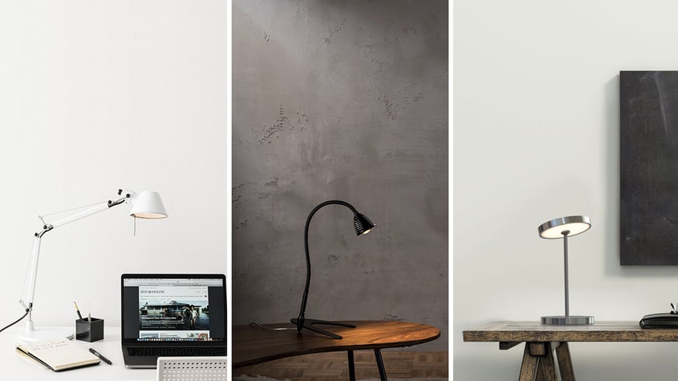 Artemide Tolomeo Tischleuchte, less'n'moe Athene A-TL Tischleuchte und Top Light Sun Table Tischleuchte