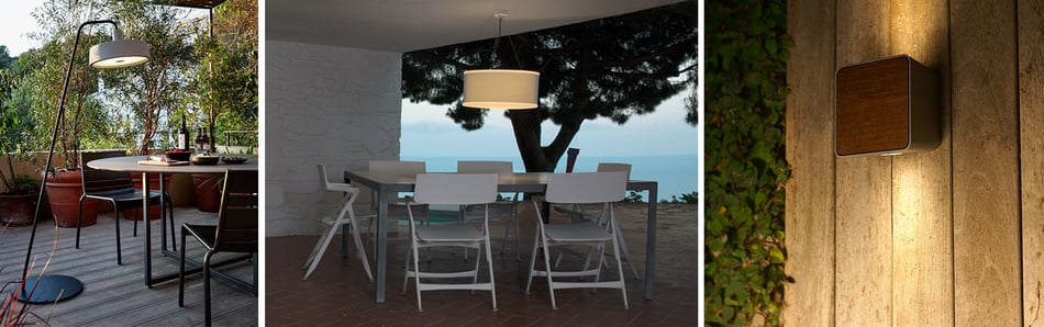 Marset Soho P Outdoor Stehleuchte, Marset Cala Susp IP65 Pendelleuchte und Marset Lab 2 Wandleuchte