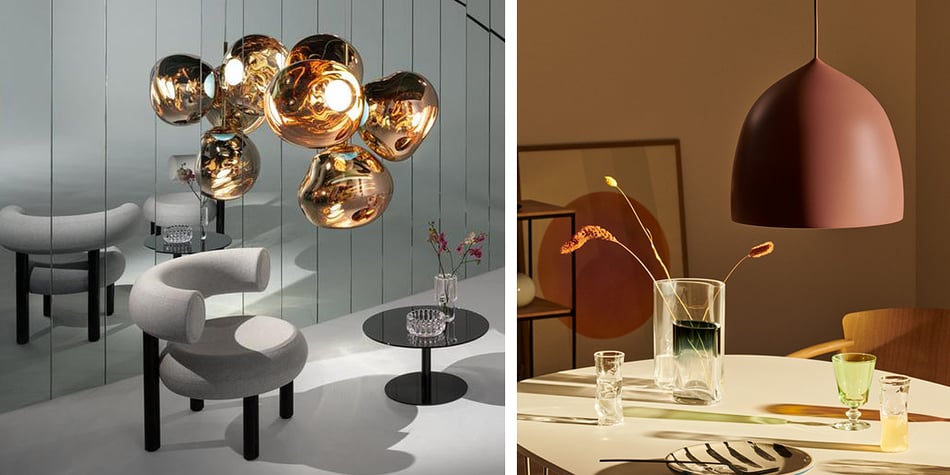 Tom Dixon Melt-Kollektion und Fritz Hansen Suspence P1-5 Pendelleuchte