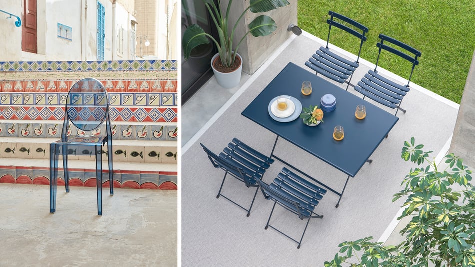 Kartell Victoria Ghost Stuhl und emu Arc en Ciel 314 Klappstuhl